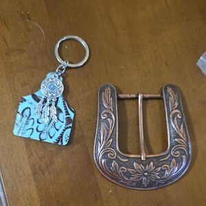 Decorative Copper and Turquoise Keychain and Buckle Set